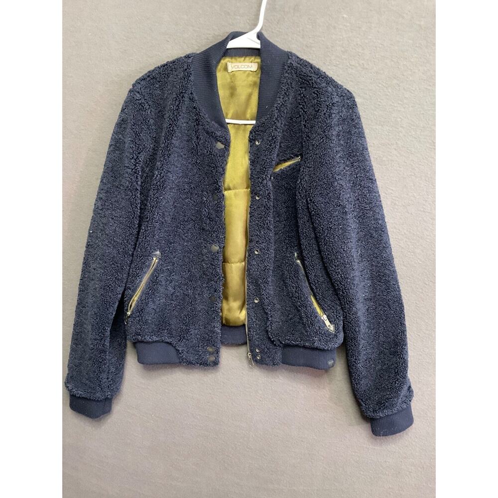Volcom VTG Teddy Bomber Jacket S Navy Blue Lined Warm Zip‎ Pockets Sherpa Fleece